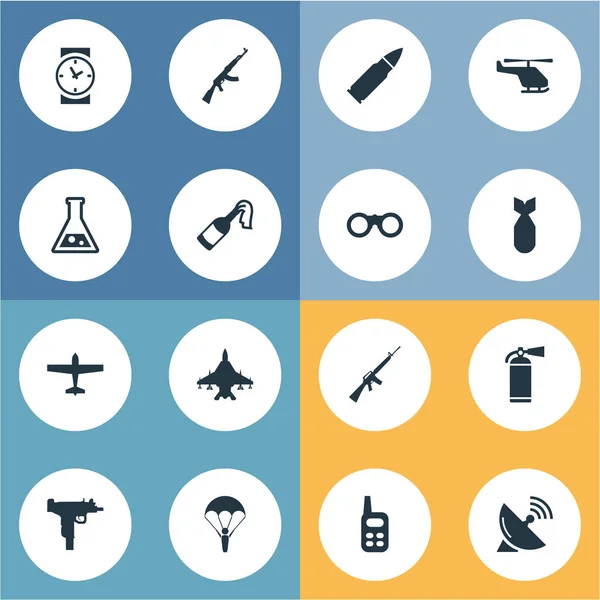 Set van 16 eenvoudige leger iconen. Elementen zoals veld bril, chemie, Air bommenwerper en andere vindt. — Stockvector