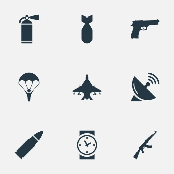 Set van 9 eenvoudige militaire iconen. Kan dan worden gevonden met elementen zoals de brandblusser, Paratrooper, signaalontvanger en andere. — Stockvector