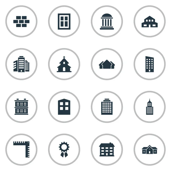 Conjunto de 16 iconos de estructura simple. Se pueden encontrar elementos tales como superestructura, piedra, residencia y otros . — Vector de stock