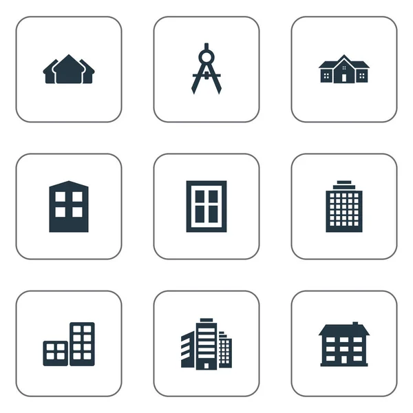 Conjunto de 9 iconos de estructura simple. Se pueden encontrar elementos tales como plano, residencia, construcción y otros . — Vector de stock