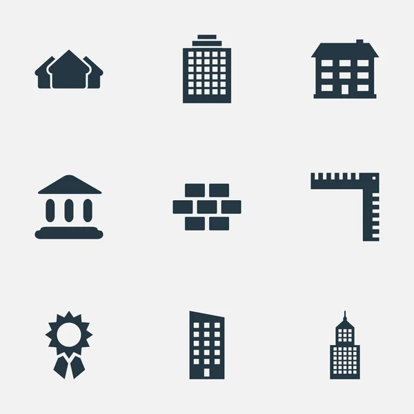 Conjunto de 9 iconos de arquitectura simple. Se pueden encontrar elementos tales como piso, longitud, recompensa y otros . — Vector de stock