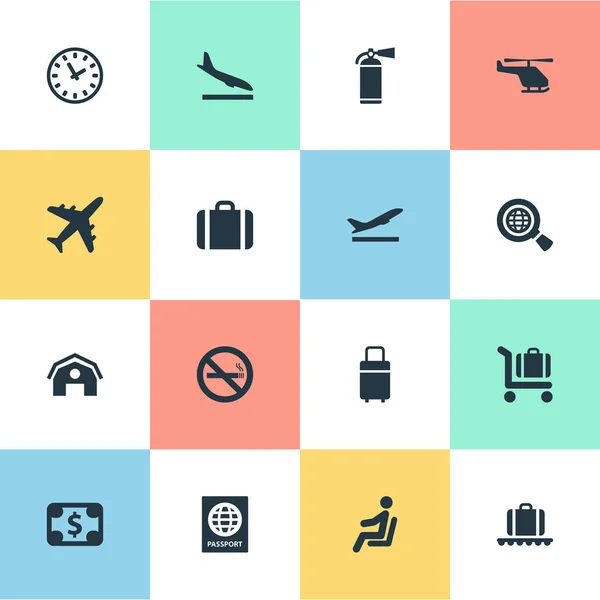 Sæt med 16 enkle fly ikoner. Kan findes sådanne elementer som rejsetaske, valuta, certifikat for statsborgerskab og andre . – Stock-vektor