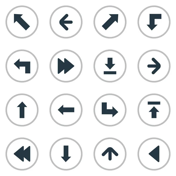 Conjunto de 16 iconos de puntero simple. Se pueden encontrar elementos tales como dirección ascendente, puntero, dirección correcta y otros . — Vector de stock