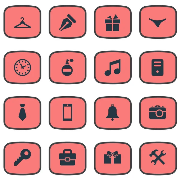 Set Of 16 Simple Instrument Icons. Can Be Found Such Elements As System Unit, Mobile Phone, Password And Other. — Stock Vector