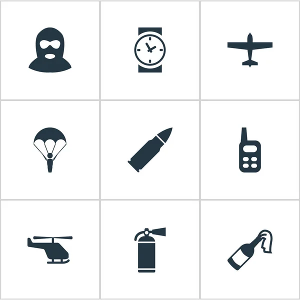 Zestaw 9 armii prostych ikon. Można znaleźć takie elementy jak zegarek, spadochroniarz, terroryzmu i innych. — Wektor stockowy