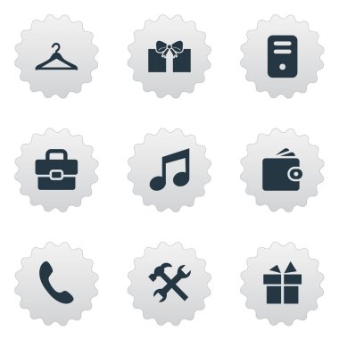 9 basit araç simgeler kümesi. Onarım, askı, müzik ve diğer gibi öğeleri bulunabilir.