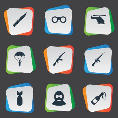 9 basit askeri simgeler kümesi. Helikopter, Nuke, Kalaşnikof ve diğer gibi öğeleri bulunabilir.