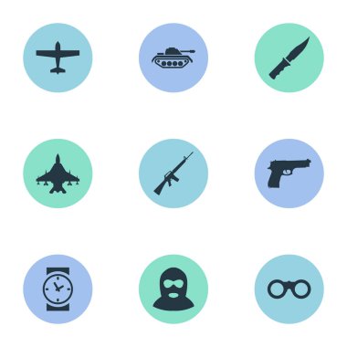 9 basit askeri simgeler kümesi. Tabanca, soğuk silah, terörist ve diğer gibi öğeleri bulunabilir.
