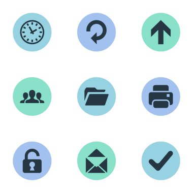 9 basit uygulama simgeler kümesi. Açık asma kilit, yazıcı çıktısı, zarf ve diğer gibi öğeleri bulunabilir.