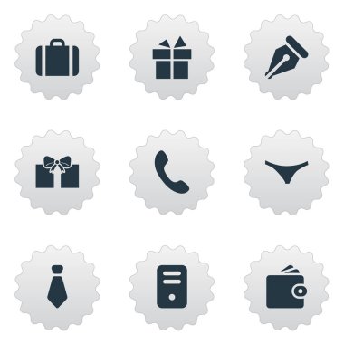 9 basit simgeler kümesi. Sistem birimi, mürekkep kalem, evrak ve diğer gibi öğeleri bulunabilir.