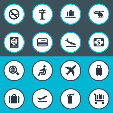 16 basit ulaşım simgeler kümesi. El çantası, küresel araştırma, hava taşımacılığı gibi öğeleri bulunabilir.