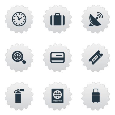 9 basit ulaşım simgeler kümesi. Kredi kartı, koruma aracı, saat ve diğer gibi öğeleri bulunabilir.