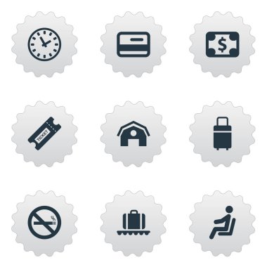 9 basit Havaalanı simgeler kümesi. Kupon, seyahat çantası, para birimi ve diğer gibi öğeleri bulunabilir.