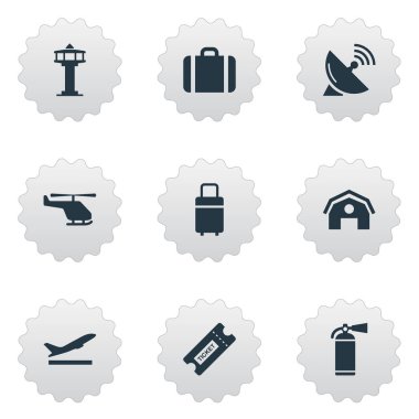 9 basit uçak simgeler kümesi. Garaj, uçuş kontrol kulesi, el çantası gibi öğeleri bulunabilir.