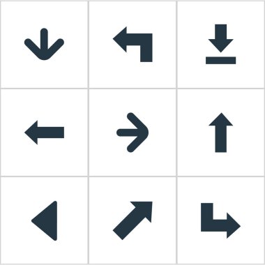 9 basit oklar simgeler kümesi. Doğru yönde, sol yön, işaretçi ve diğer gibi öğeleri bulunabilir.