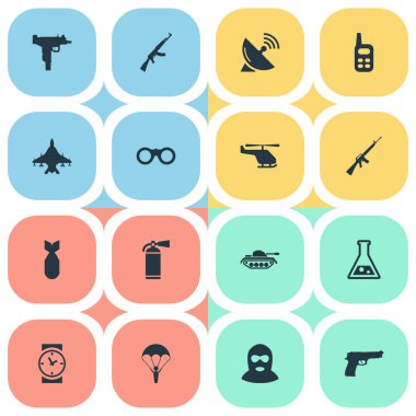 16 basit askeri simgeler kümesi. Atom bombası, yangın söndürücü, sinyal alıcı ve diğer gibi öğeleri bulunabilir.