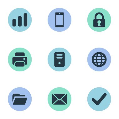 9 basit uygulama simgeler kümesi. Bilgisayar Kasası, mesaj, akıllı telefon ve diğer gibi öğeleri bulunabilir.