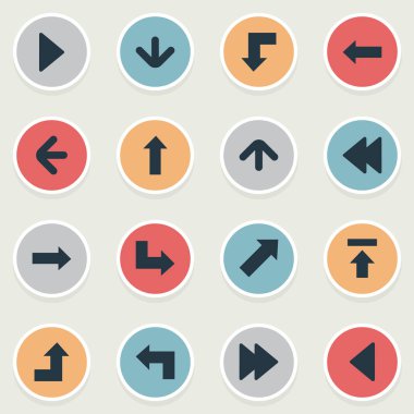 16 basit oklar simgeler kümesi. Sol yön, yukarı doğru yönü, arkaya ve diğer gibi öğeleri bulunabilir.