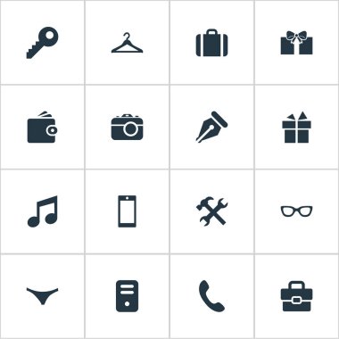 16 basit aksesuarları simgeler kümesi. Askı, dijital kamera, parola ve diğer gibi öğeleri bulunabilir.