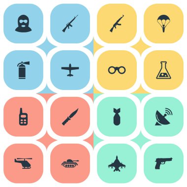 16 basit askeri simgeler kümesi. Helikopter, tabanca, atom bombası ve diğer gibi öğeleri bulunabilir.