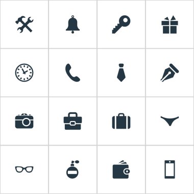 16 basit araç simgeler kümesi. Zaman, kravat, faturaları ve diğer gibi öğeleri bulunabilir.