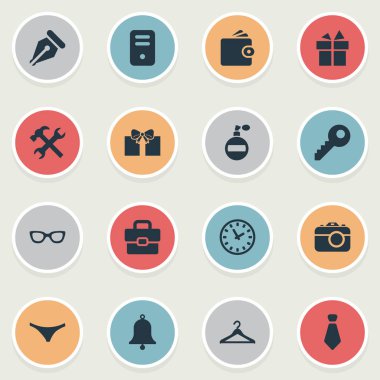 16 basit araç simgeler kümesi. Koku, parola, mürekkep kalem ve diğer gibi öğeleri bulunabilir.