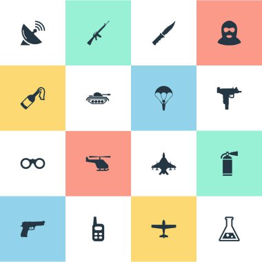 16 basit ordu simgeler kümesi. Tüfeği silah, alan gözlük, terörist ve diğer gibi öğeleri bulunabilir.