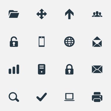 16 basit Apps simgeler kümesi. Smartphone, yukarı doğru yönü, defter ve diğer gibi öğeleri bulunabilir.