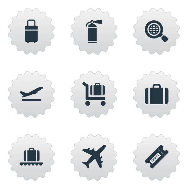 Conjunto de 9 iconos de viaje simples. Se pueden encontrar elementos tales como bolso, carrusel de equipaje, investigación global . — Vector de stock