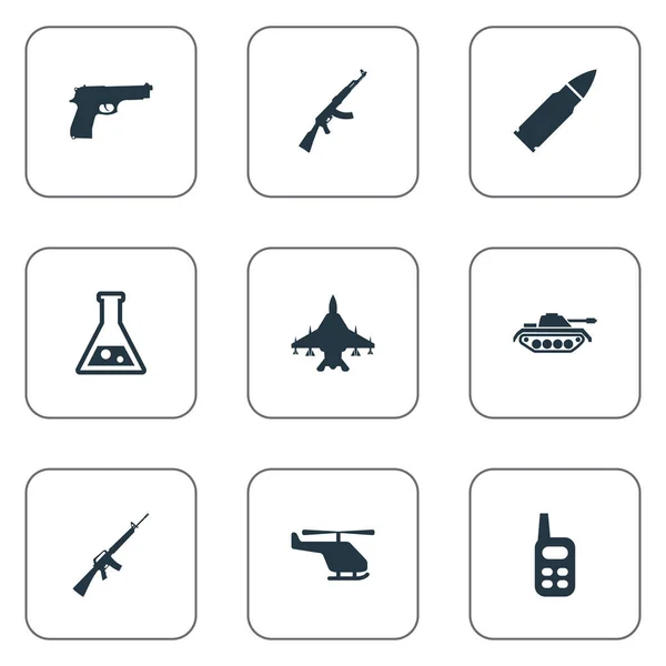 Set von 9 einfachen Armee-Symbolen. finden sich Elemente wie Munition, Kalaschnikows, Walkies und andere. — Stockvektor