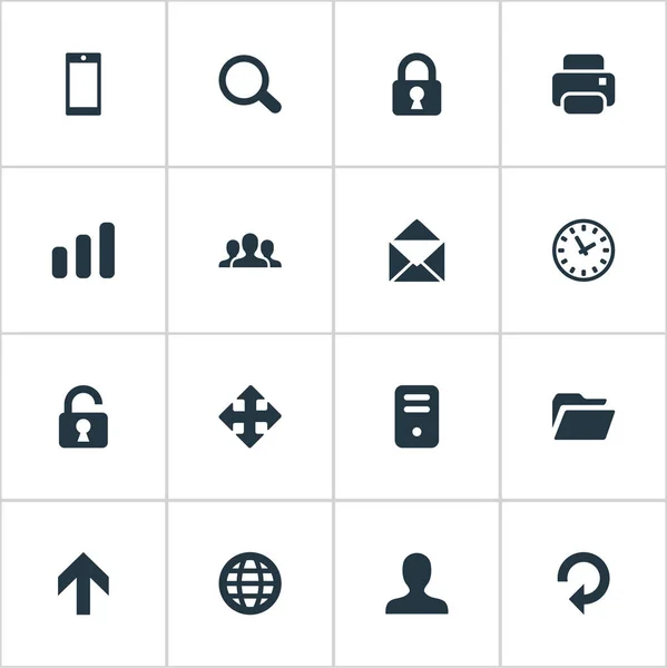Conjunto de 16 iconos de aplicaciones simples. Se pueden encontrar elementos tales como Smartphone, Dossier, Impresión y otros . — Archivo Imágenes Vectoriales