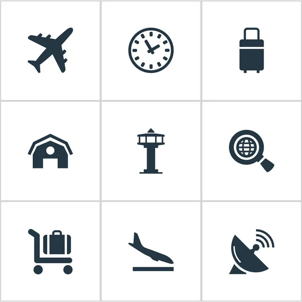 Set von 9 einfachen Flughafen-Symbolen. finden sich Elemente wie aussteigendes Flugzeug, Garage, globale Forschung und andere. — Stockvektor
