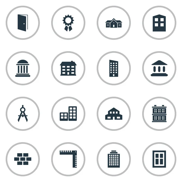 Conjunto de 16 iconos de estructura simple. Se pueden encontrar elementos tales como piso, oficinas, residencial y otros . — Vector de stock