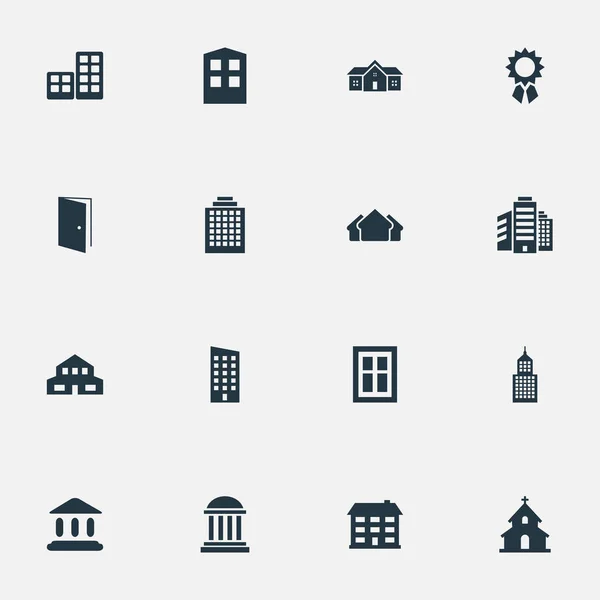 Satz von 16 einfachen Konstruktionssymbolen. finden sich Elemente wie Tor, Struktur, Wohnsitz und andere. — Stockvektor