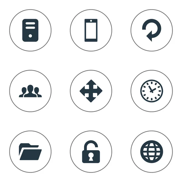 Satz von 9 einfachen Praxis-Symbolen. finden sich Elemente wie Web, Smartphone, geöffnetes Vorhängeschloss und andere. — Stockvektor