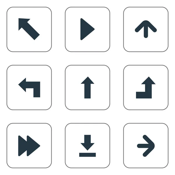 Set de 9 Iconos de Flechas Simples. Se pueden encontrar elementos tales como dirección ascendente, dirección correcta, punto de referencia derecho . — Vector de stock