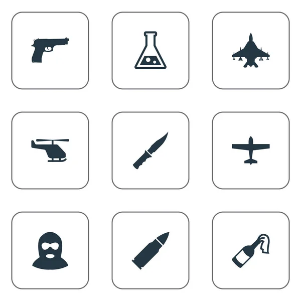 Ensemble de 9 simples icônes de l'armée. Peut être trouvé des éléments tels que la chimie, hélicoptère, bombardier aérien et autres . — Image vectorielle