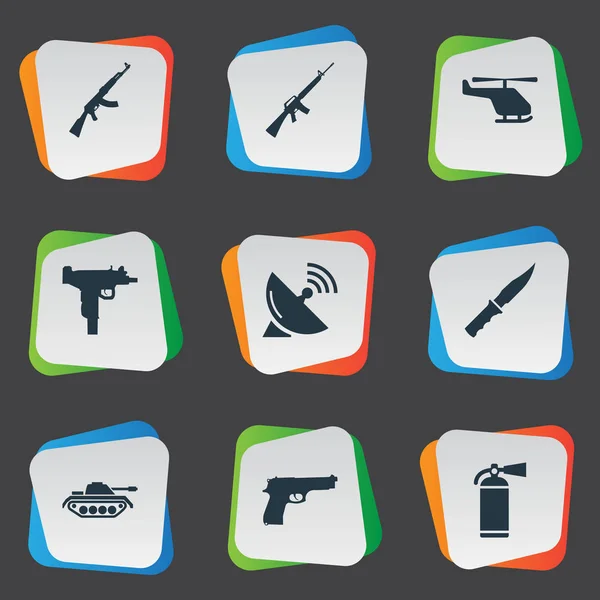 Uppsättning av 9 enkla armén ikoner. Finns sådana element som Pistol, helikopter, Kalashnikov och andra. — Stock vektor