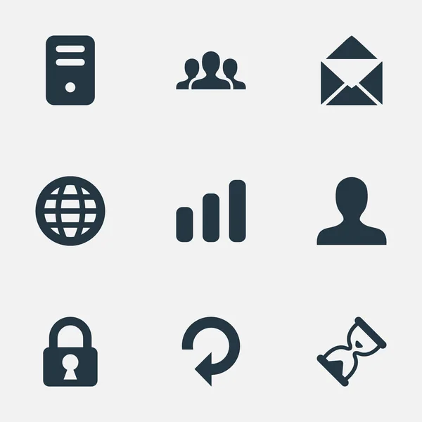 Conjunto de 9 iconos de práctica simple. Se pueden encontrar elementos tales como Web, Temporizador de arena, Comunidad . — Archivo Imágenes Vectoriales