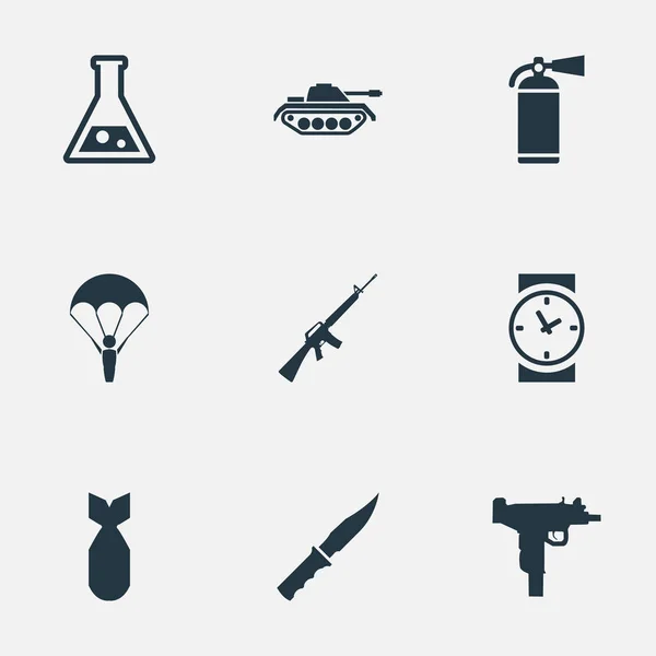 Set von 9 einfachen militärischen Symbolen. finden sich Elemente wie Feuerlöscher, Schusswaffe, schwere Waffe und andere. — Stockvektor