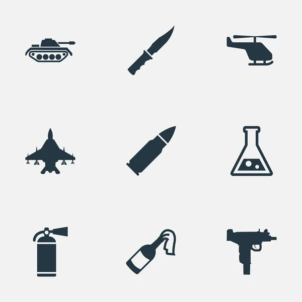 Conjunto de 9 simples iconos militares. Se pueden encontrar elementos tales como municiones, fuerza aérea, molotov y otros . — Vector de stock