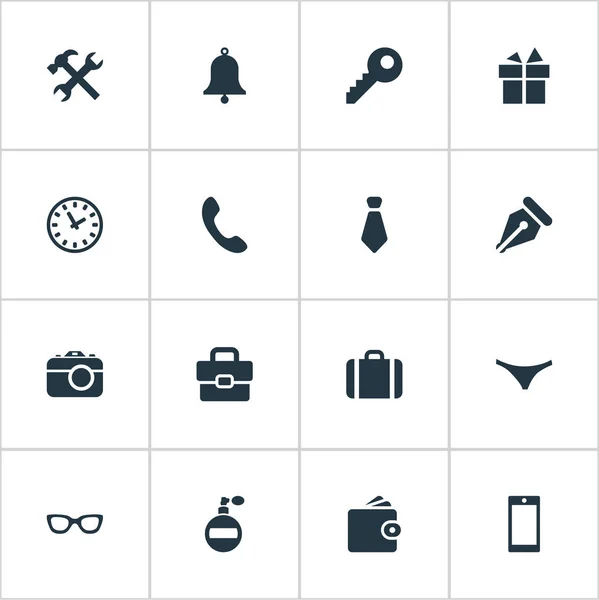 Zestaw 16 prostych Instrument ikon. Można znaleźć takie elementy jak: czas, krawat, portfel i inne. — Wektor stockowy