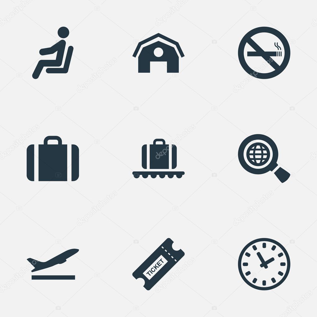 Set Of 9 Simple Airport Icons. Can Be Found Such Elements As Seat, Global Research, Cigarette Forbidden And Other.