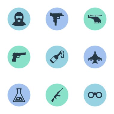 9 basit askeri simgeler kümesi. Kalaşnikof, helikopter, kimya ve diğer gibi öğeleri bulunabilir.