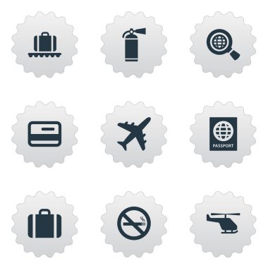 9 basit Havaalanı simgeler kümesi. Bu tür öğeleri olarak sigara yasak, el çantası, Bagaj atlıkarınca bulunabilir.