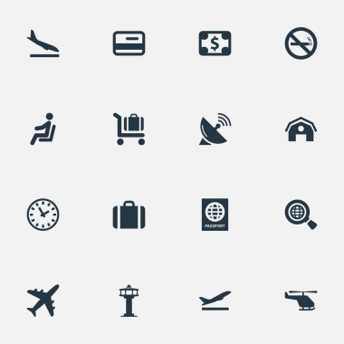 16 basit ulaşım simgeler kümesi. Koltuk, uçuş kontrol kulesi ve diğer Alighting uçak, gibi öğeleri bulunabilir.