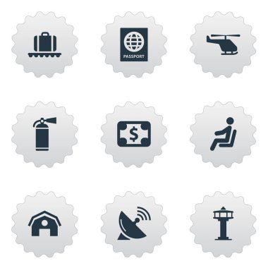 9 basit Havaalanı simgeler kümesi. Uçuş kontrol kulesi, garaj, koltuk ve diğer gibi öğeleri bulunabilir.