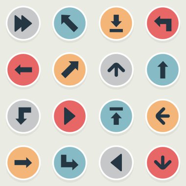 16 basit oklar simgeler kümesi. İşaretçi, gibi öğeleri bulunabilir sol yön ve diğer aşağı, izin.