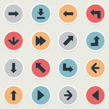 16 basit işaretçisini simgeler kümesi. Gibi öğeleri olarak aşağıya doğru işaret ederek, aşağı, sol yön ve diğer izin bulunabilir.