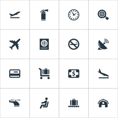 16 basit ulaşım simgeler kümesi. Sigara yasak, Bagaj atlıkarınca, Alighting uçak ve diğer gibi öğeleri bulunabilir.